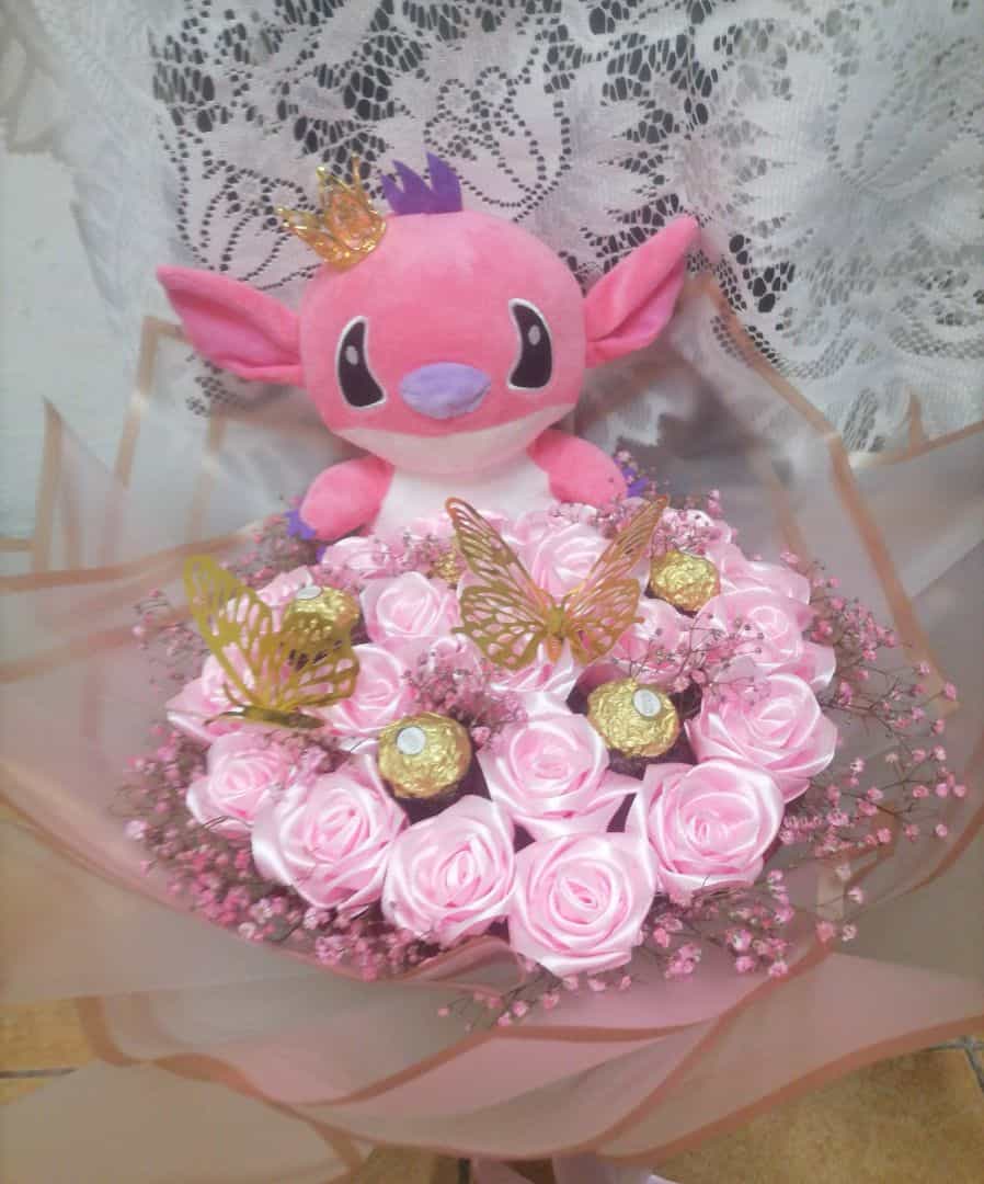 Pink Stitch Plush and Ferrero Rocher Rose Bouquet