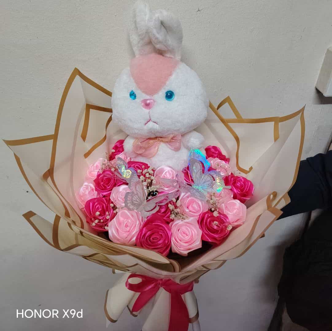 Plush Rabbit Bouquet with Artificial Roses