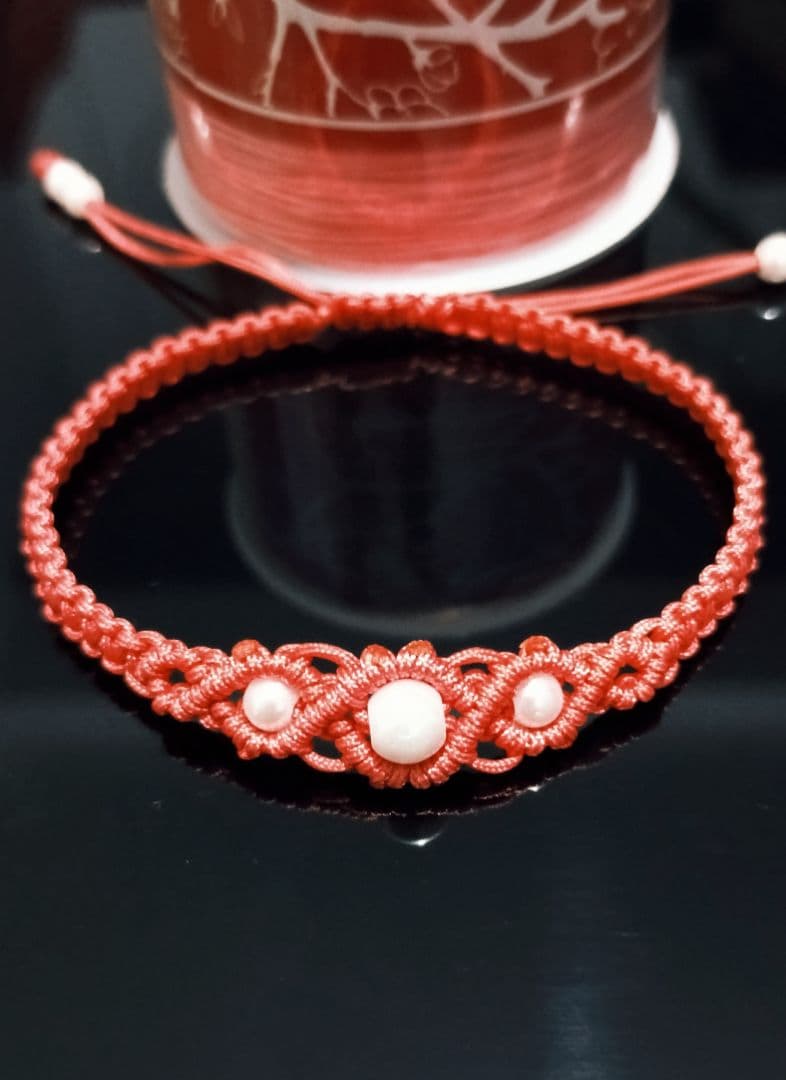 Handmade Red Macrame Bracelet with Beads - Image 1 of 1