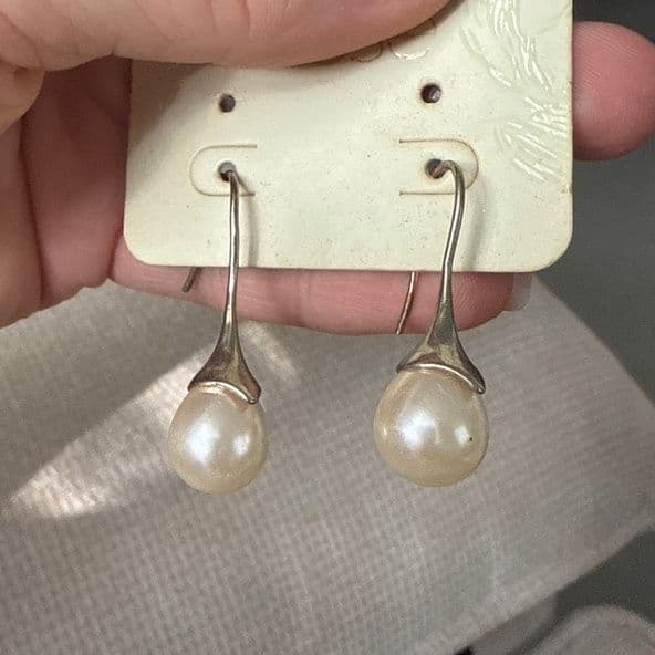 Elegant Silver Tone Drop Earrings with Cream Pearls - Image 1 of 1