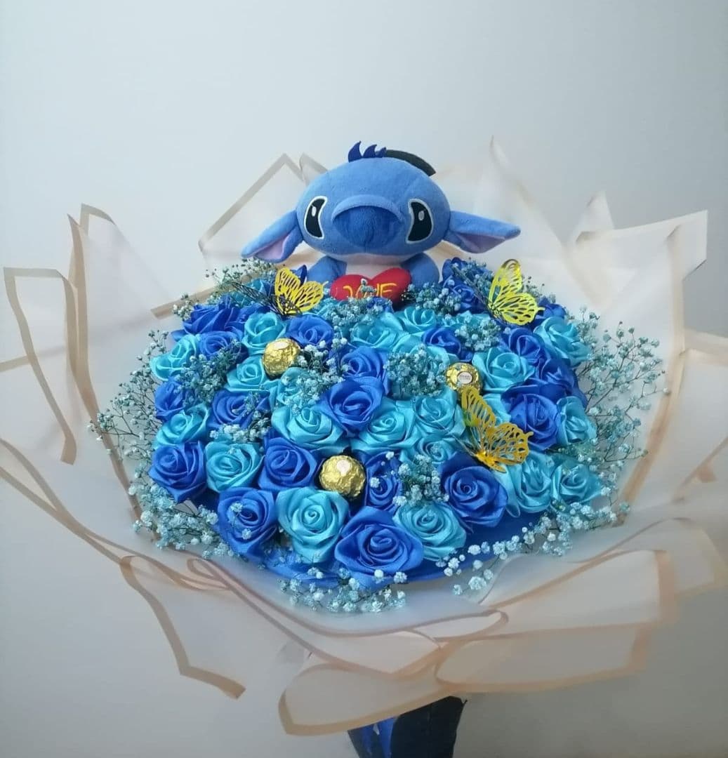 Stitch Theme Blue Rose and Chocolate Bouquet - Image 1 of 1