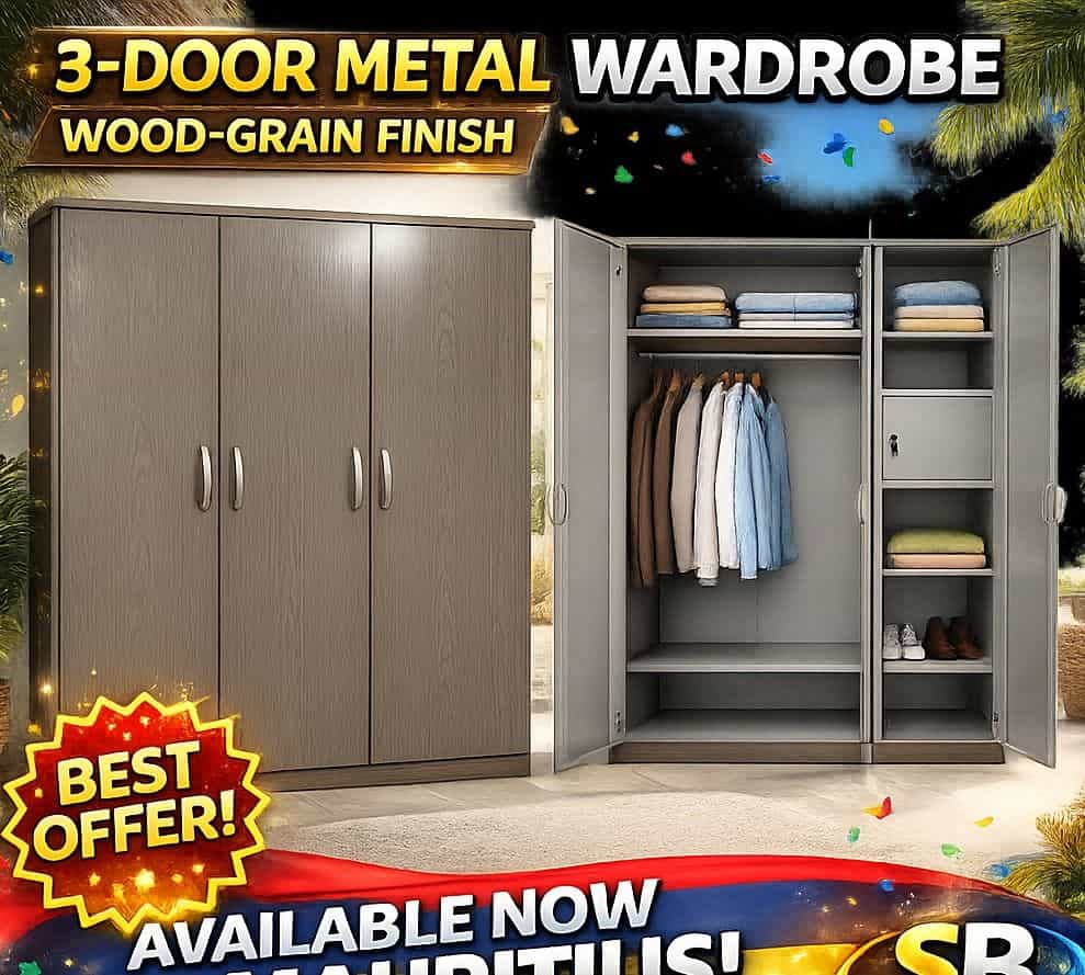 3-Door Metal Wardrobe Wood-Grain Finish