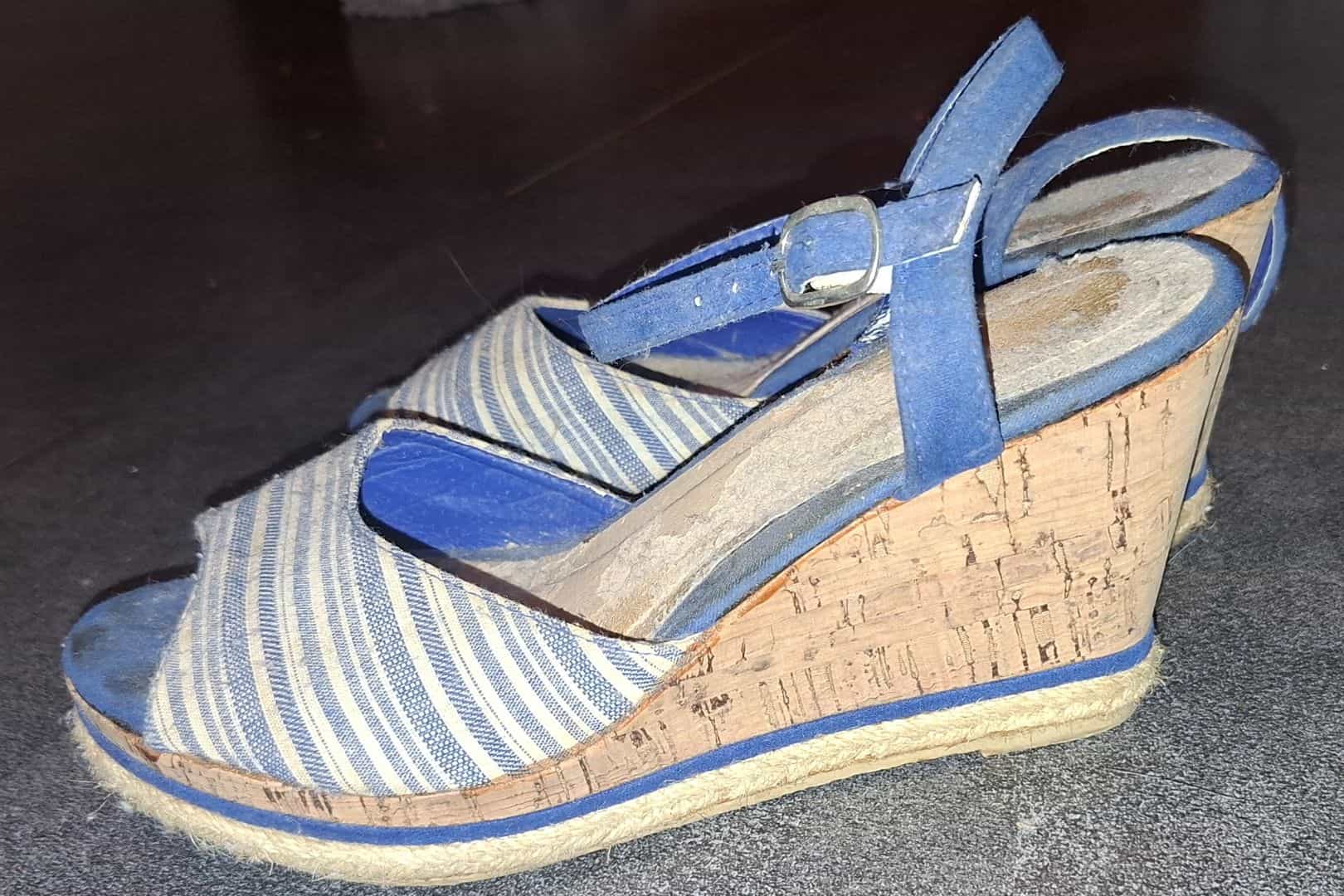 Blue and White Striped Wedge Sandals