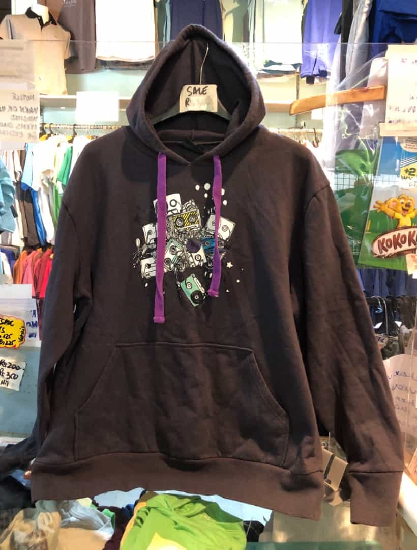 Dark Gray Graphic Hoodie with Purple Drawstrings