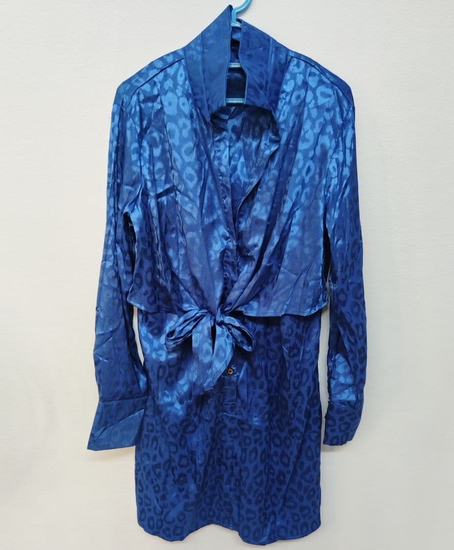Blue Animal Print Tie-Front Long Sleeve Blouse - Image 1 of 3